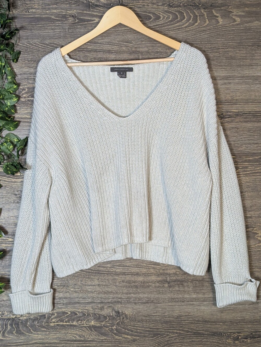 French Connection 1X Cream Chunky Knit V-Neck Oversized Sweater